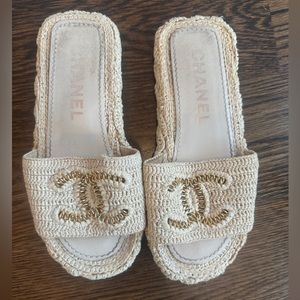 CHANEL Cord Braided CC Mules 37 Light Beige